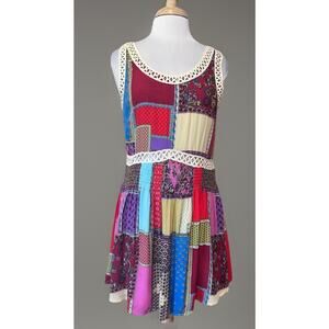 ENTRO Womens M Hippie Boho Patchwork Babydoll Dress Sleeveless Smocked Tunic